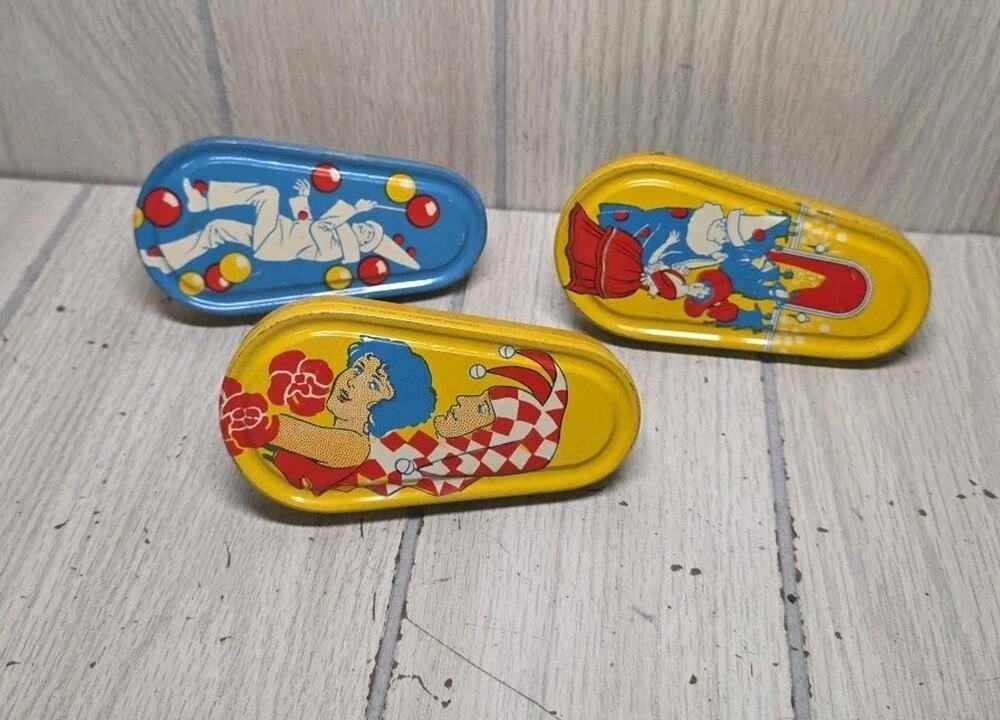 Vtg Kirchof Tin Noisemakers Life Of The Party Set of 3 Original Nostalgia Clown